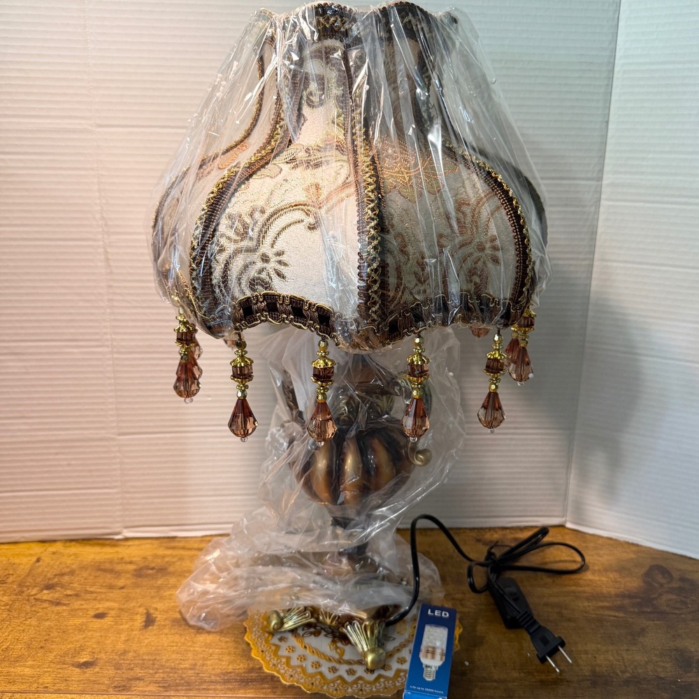 Victorian Style Crystal Table Lamp Silk Damask Shade Pendants Bronze LED Bulb